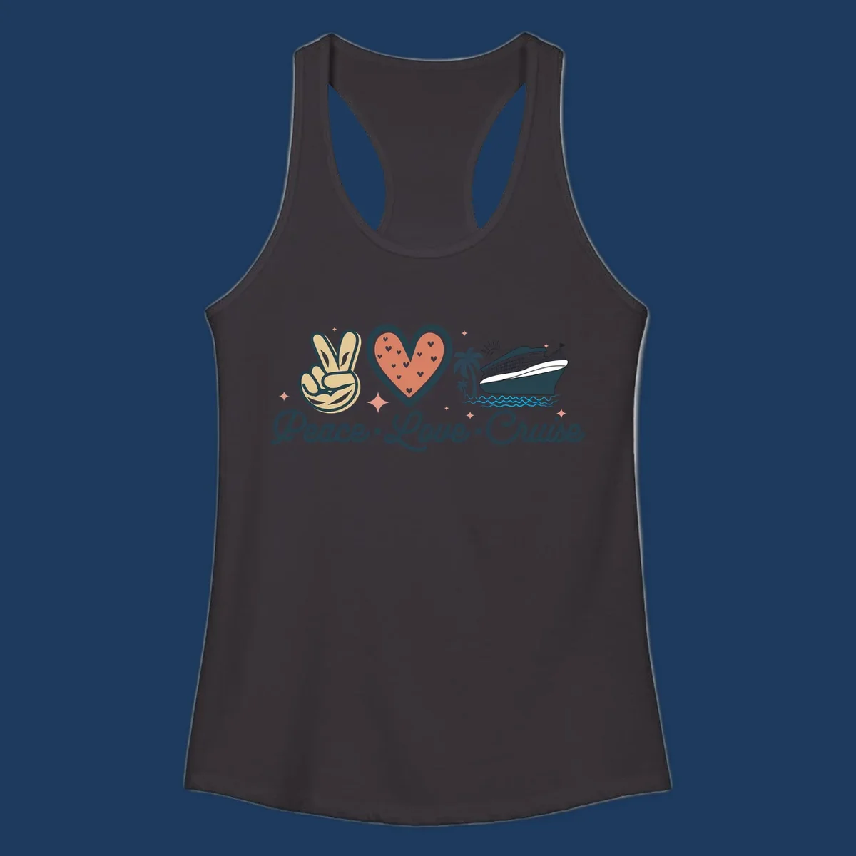 Retro cruise design with peace sign, heart, and ship illustration with text reading Peace Love Cruise