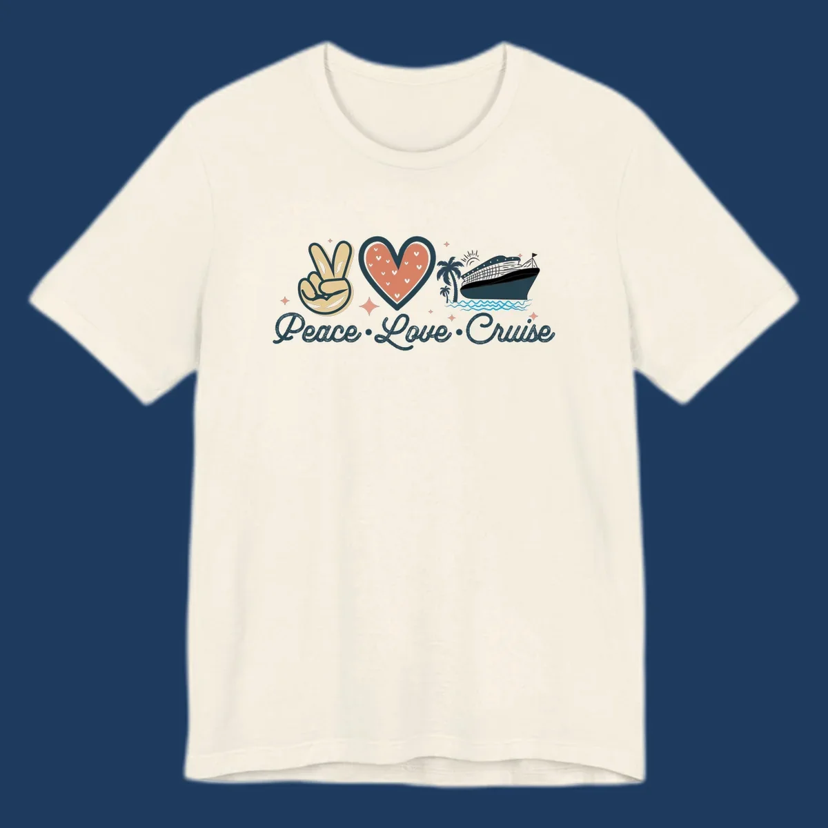 Retro cruise design with peace sign, heart, and ship illustration with text reading Peace Love Cruise