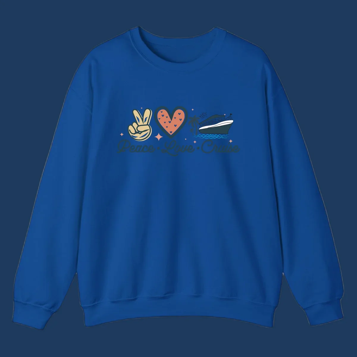 Retro cruise design with peace sign, heart, and ship illustration with text reading Peace Love Cruise