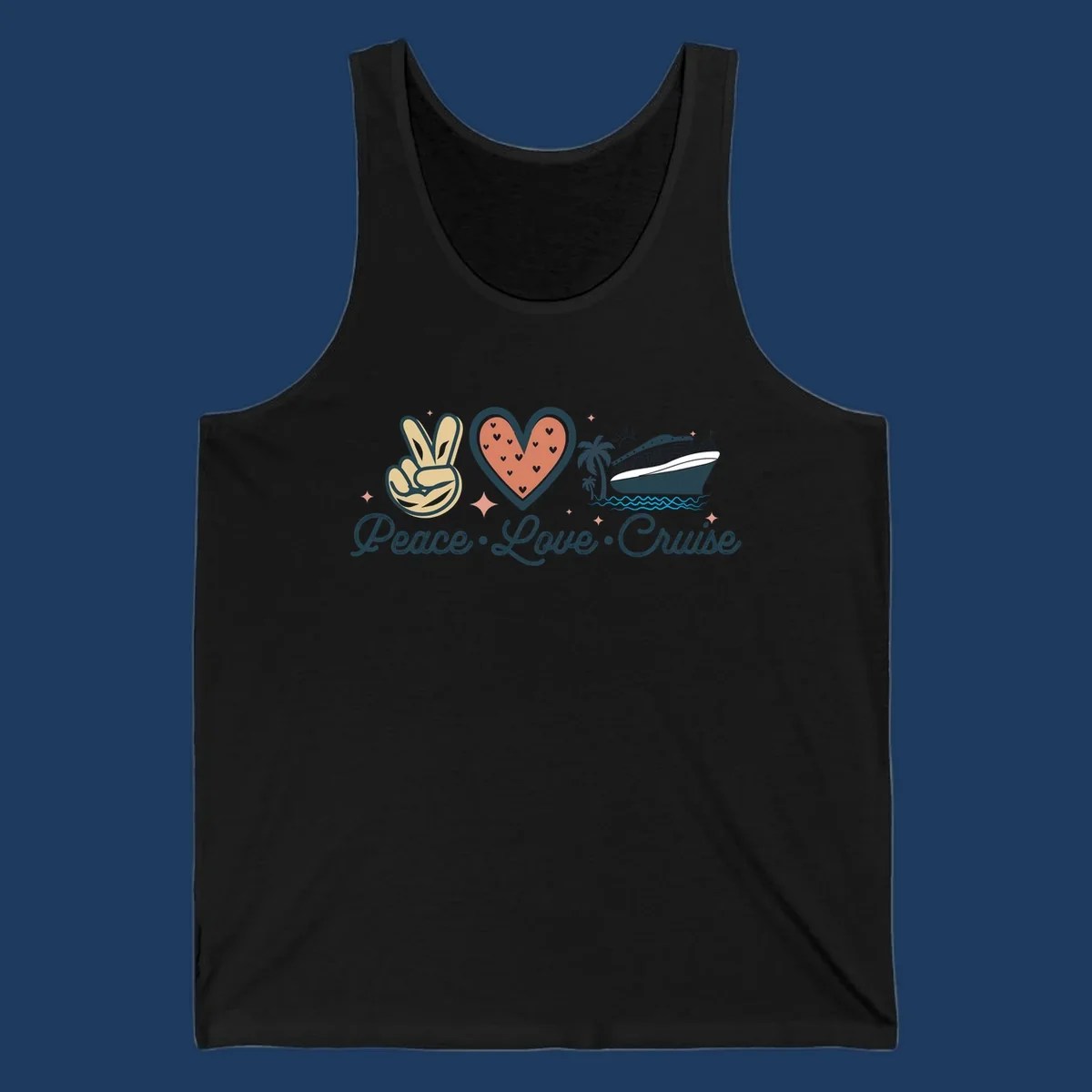 Retro cruise design with peace sign, heart, and ship illustration with text reading Peace Love Cruise