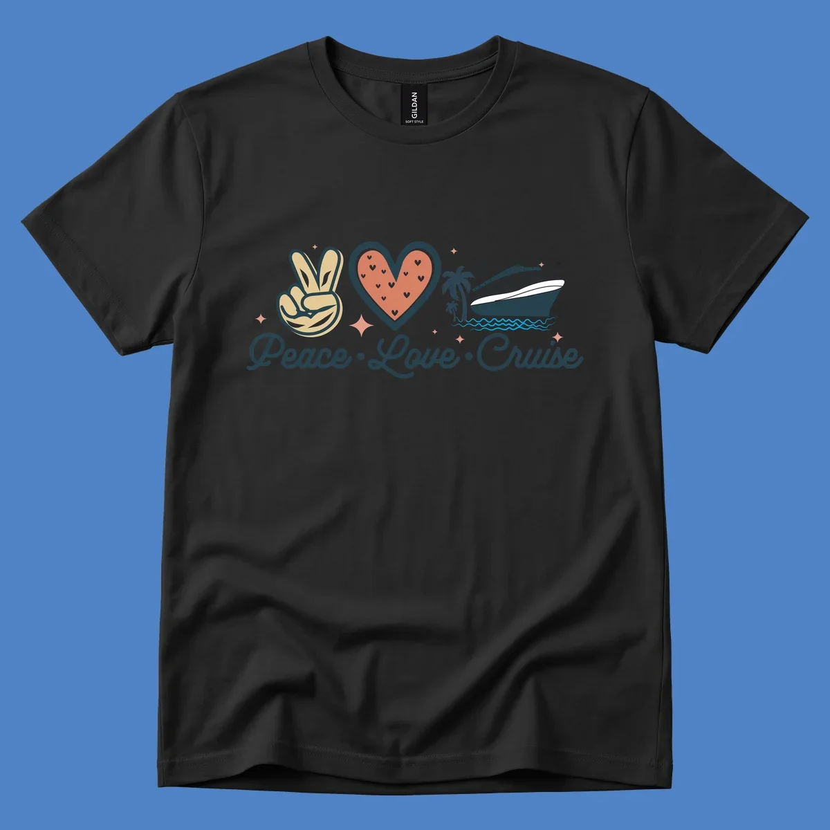 Retro cruise design with peace sign, heart, and ship illustration with text reading Peace Love Cruise