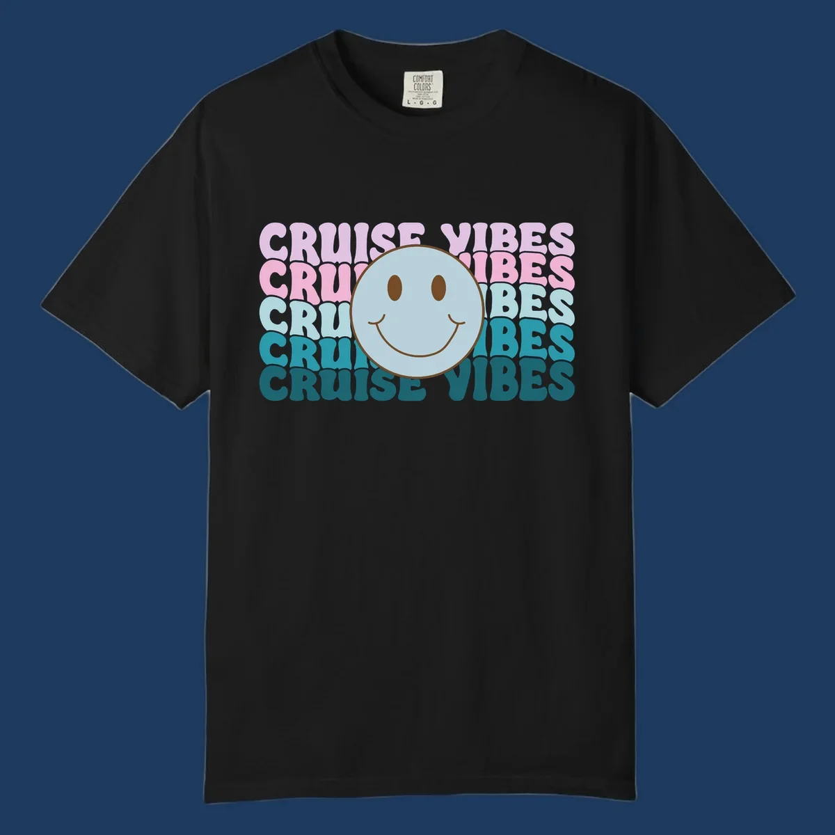 Happy smiley face emoticon surrounded by 'cruise vibes' text in gradient pink to teal colors