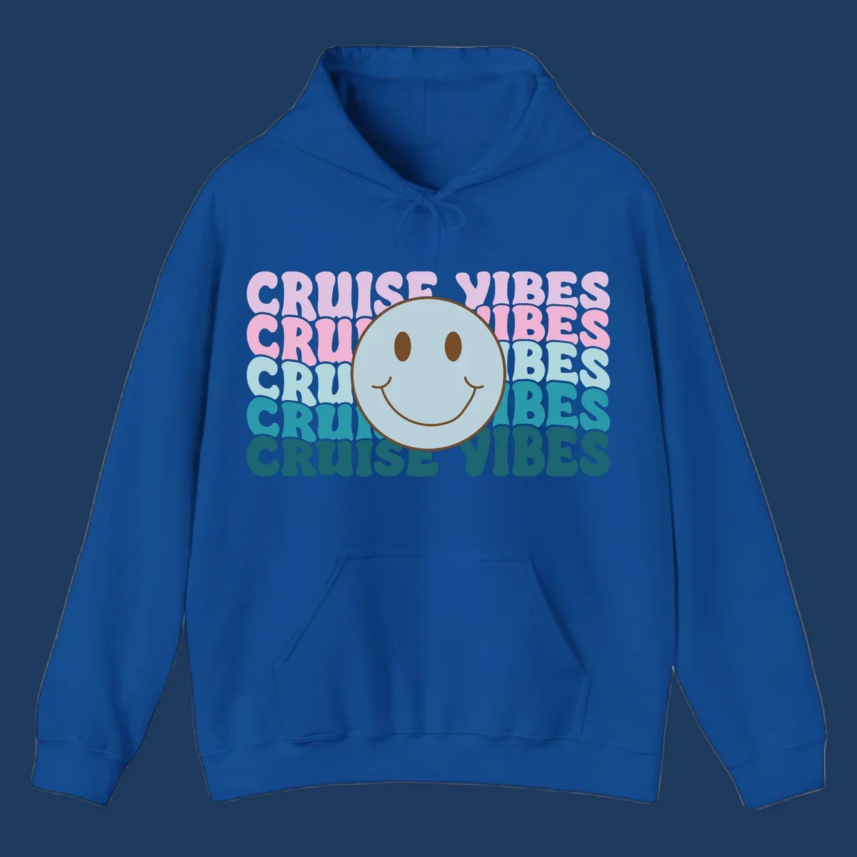 Happy smiley face emoticon surrounded by 'cruise vibes' text in gradient pink to teal colors