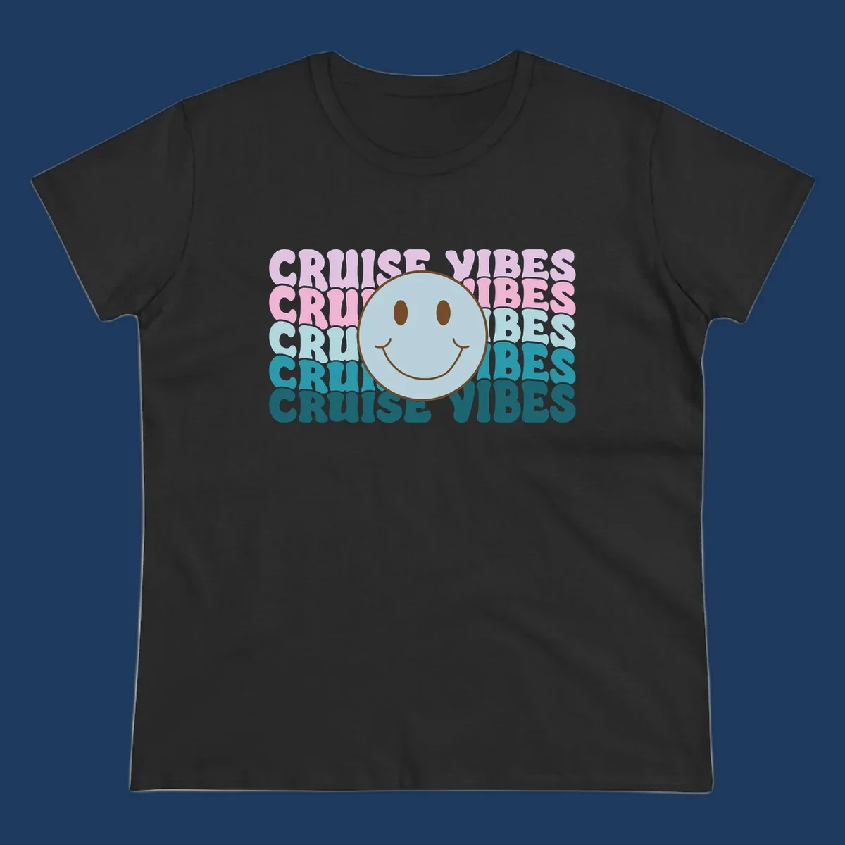 Happy smiley face emoticon surrounded by 'cruise vibes' text in gradient pink to teal colors