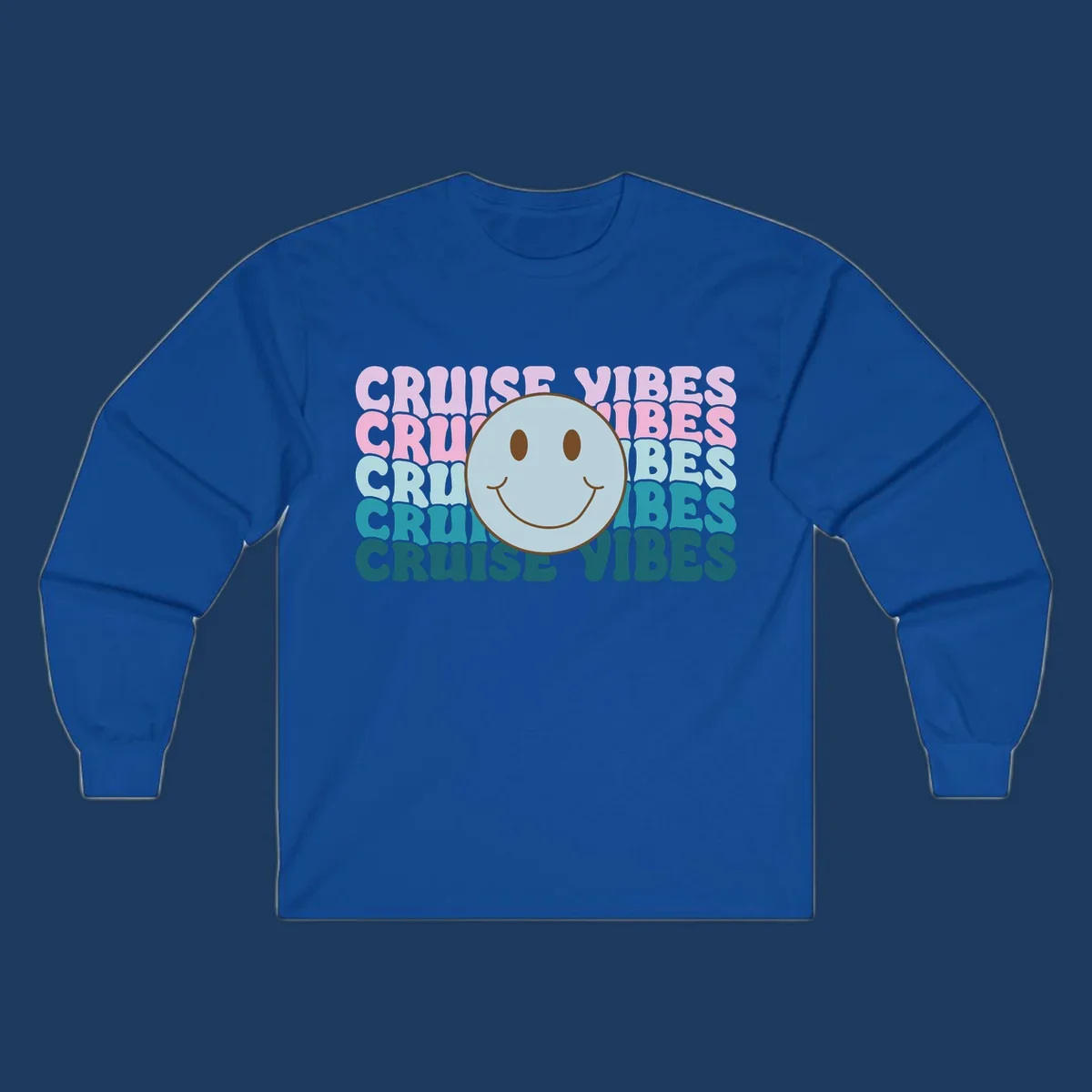 Happy smiley face emoticon surrounded by 'cruise vibes' text in gradient pink to teal colors