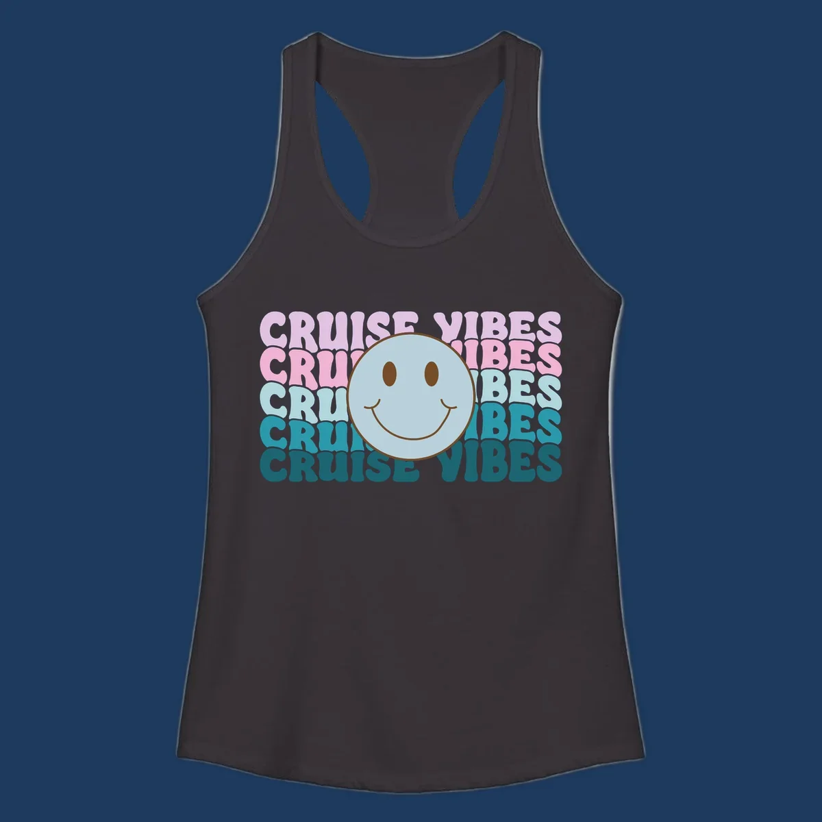 Happy smiley face emoticon surrounded by 'cruise vibes' text in gradient pink to teal colors
