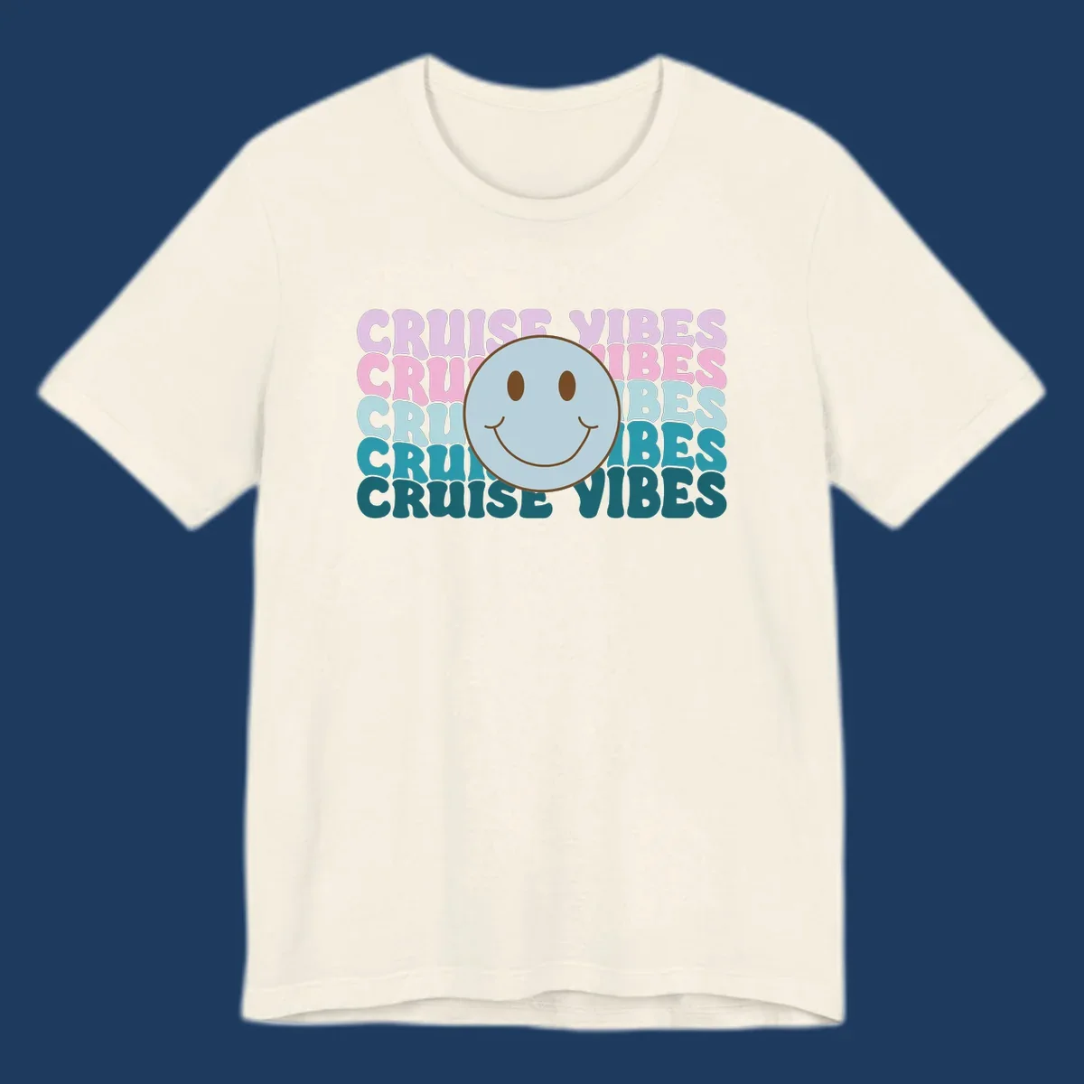 Happy smiley face emoticon surrounded by 'cruise vibes' text in gradient pink to teal colors