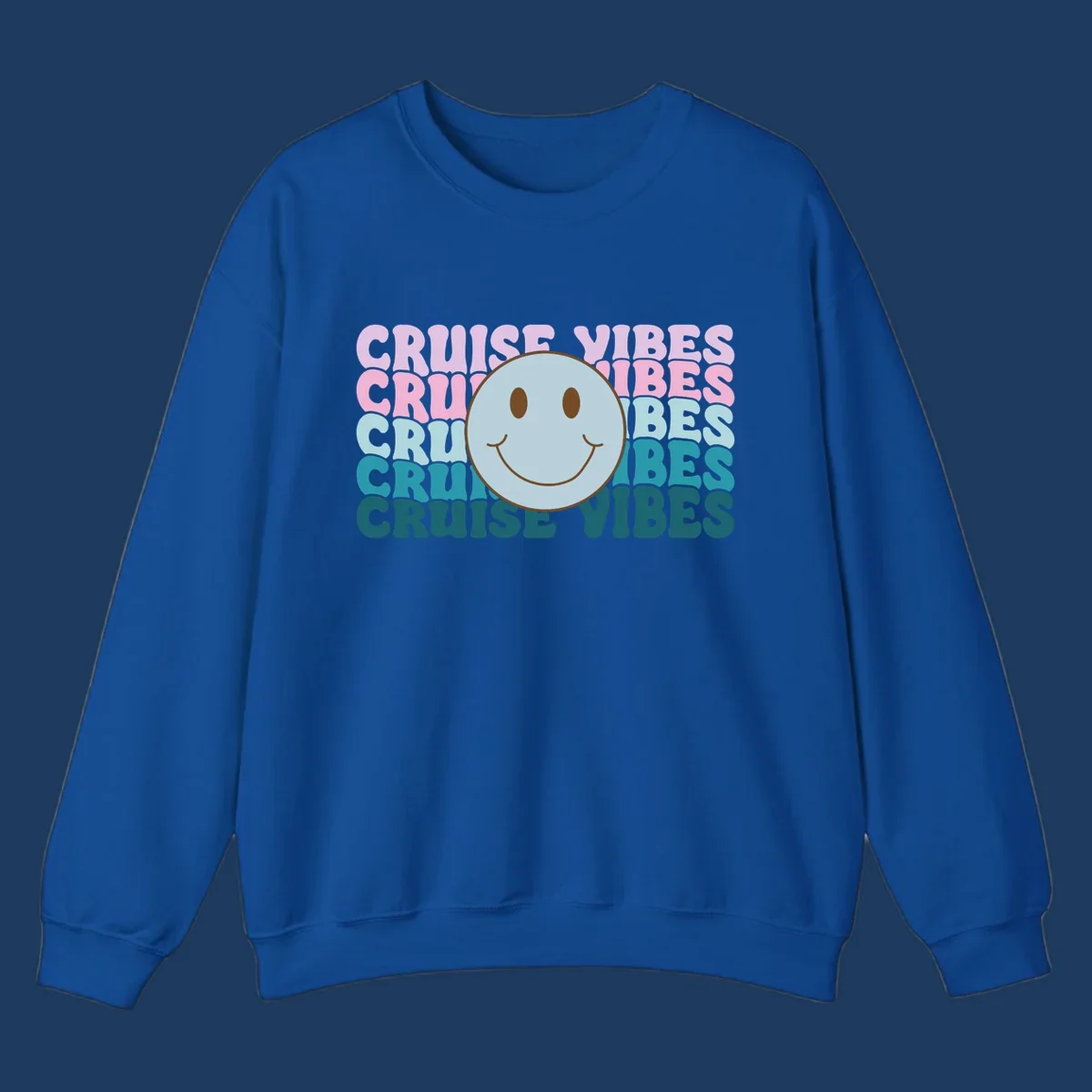 Happy smiley face emoticon surrounded by 'cruise vibes' text in gradient pink to teal colors