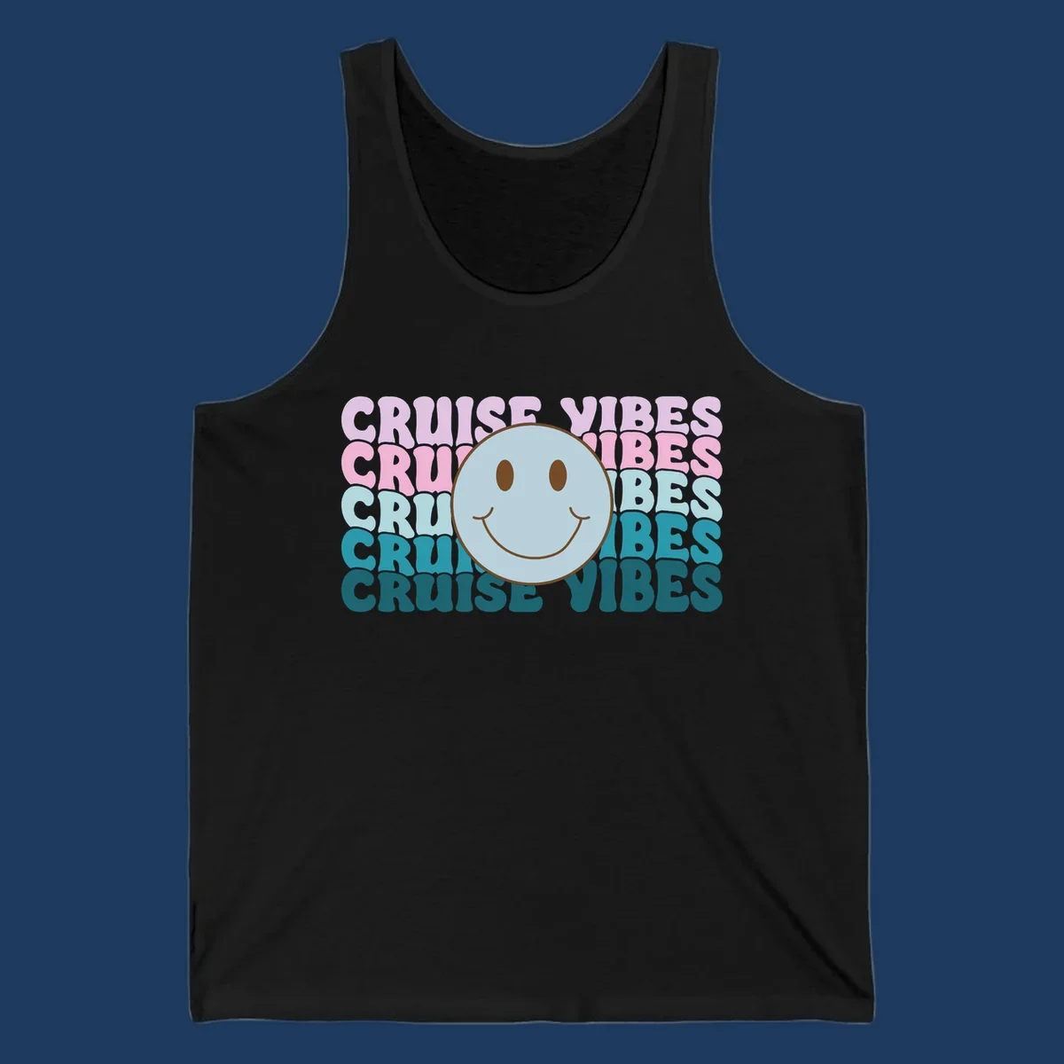 Happy smiley face emoticon surrounded by 'cruise vibes' text in gradient pink to teal colors