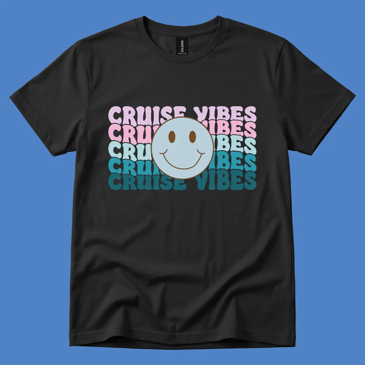 Happy smiley face emoticon surrounded by 'cruise vibes' text in gradient pink to teal colors