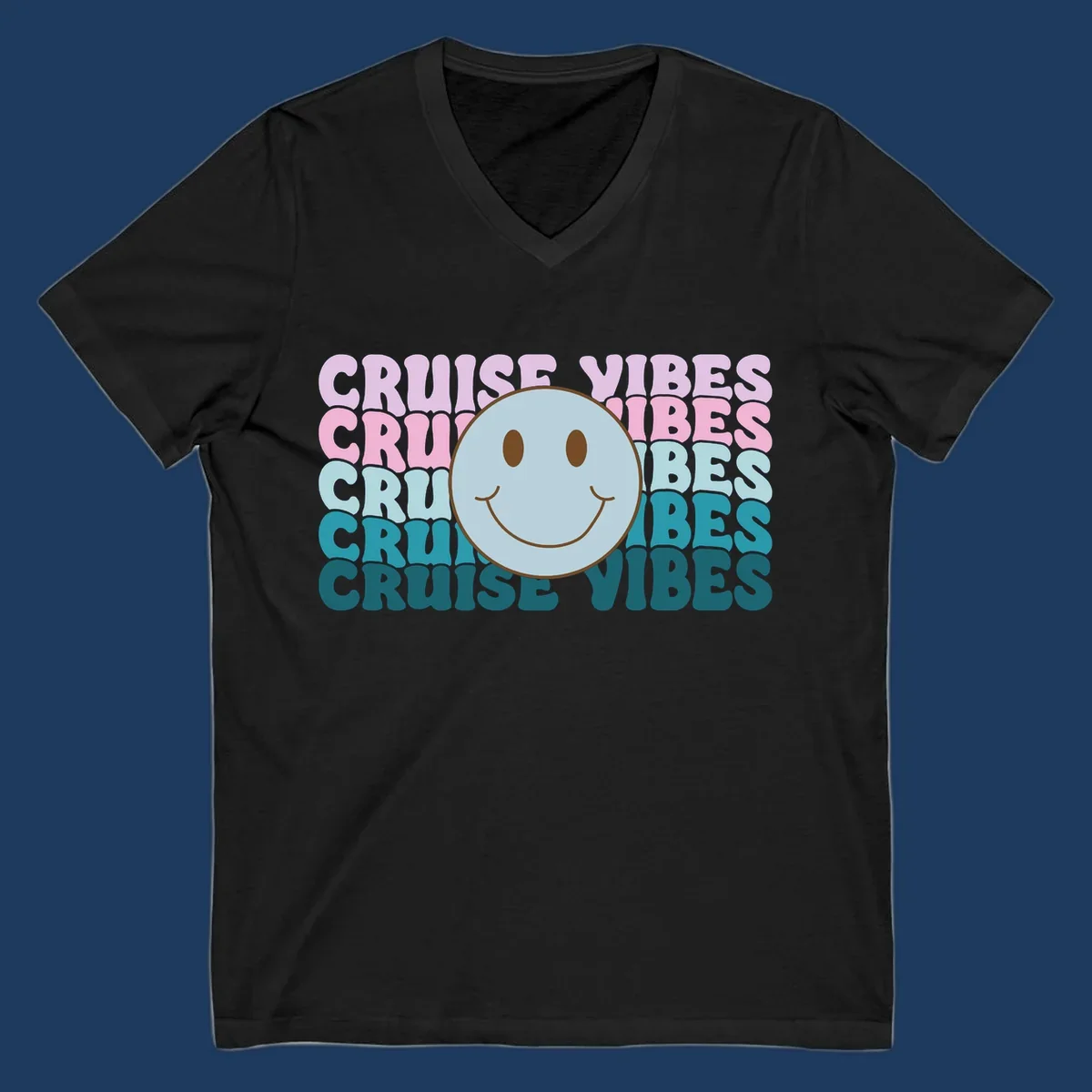 Happy smiley face emoticon surrounded by 'cruise vibes' text in gradient pink to teal colors