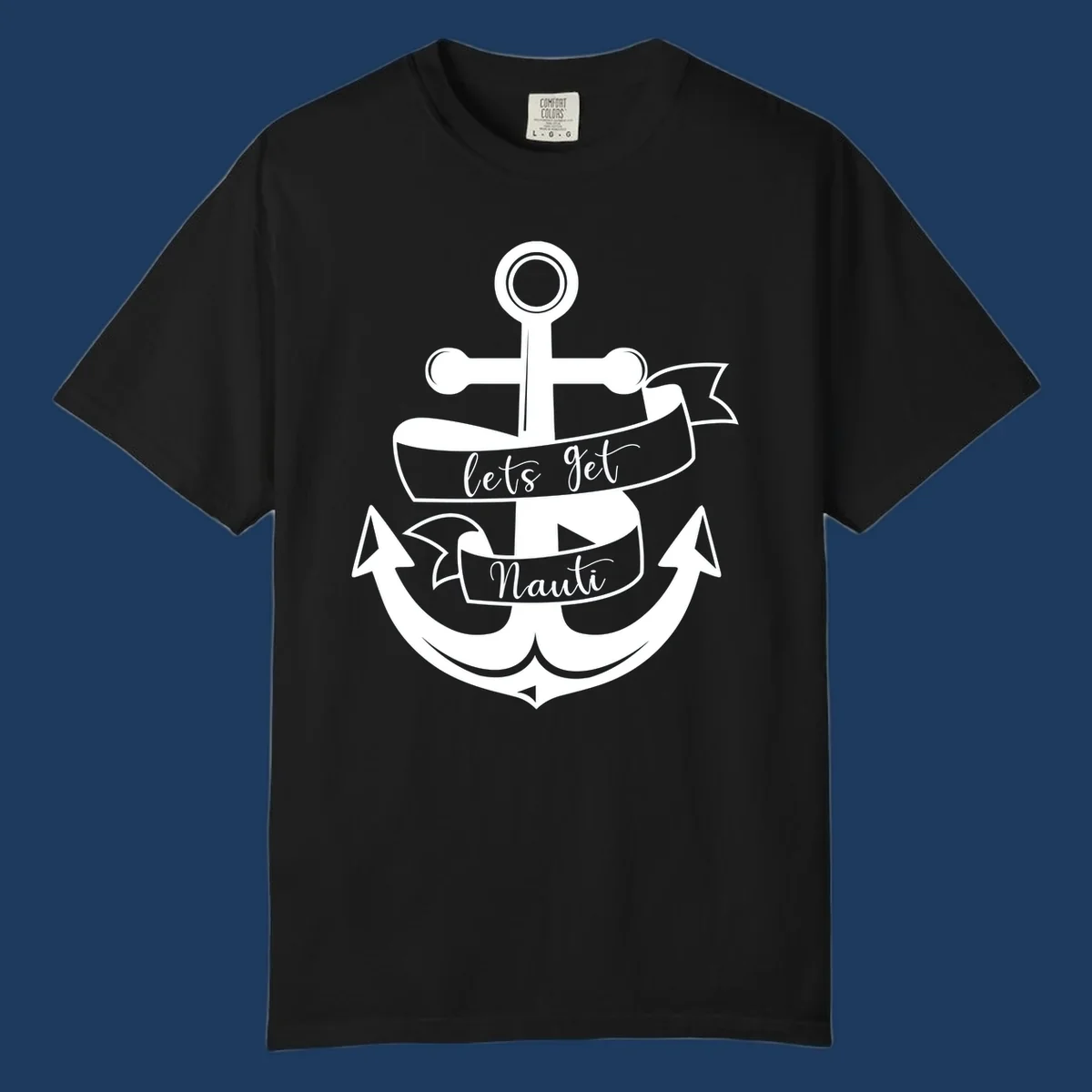 White anchor with banner ribbons reading 'lets get Nauti' - nautical cruise design