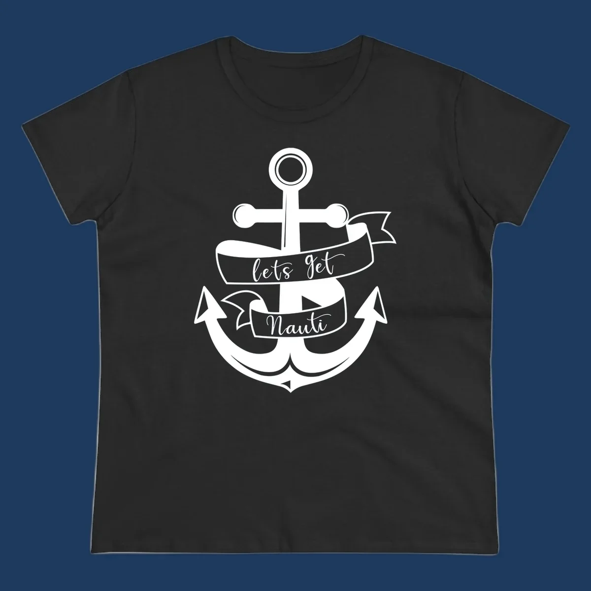White anchor with banner ribbons reading 'lets get Nauti' - nautical cruise design