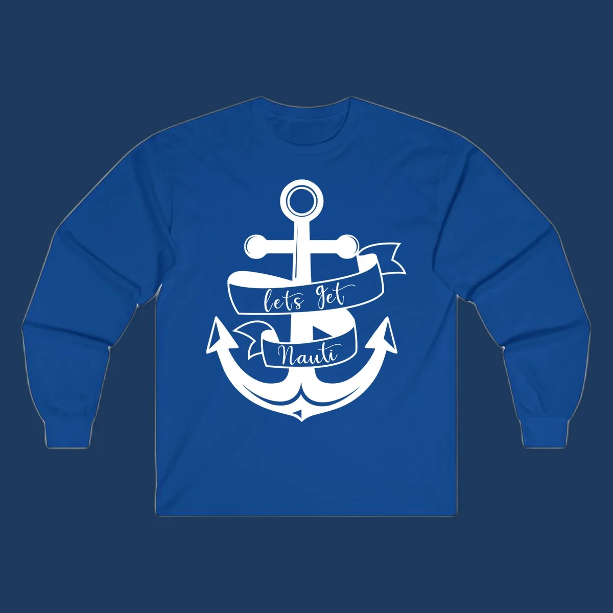 White anchor with banner ribbons reading 'lets get Nauti' - nautical cruise design