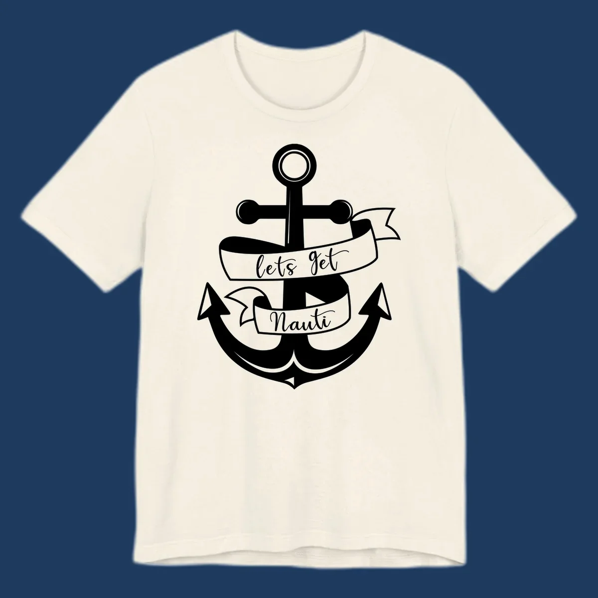 White anchor with banner ribbons reading 'lets get Nauti' - nautical cruise design