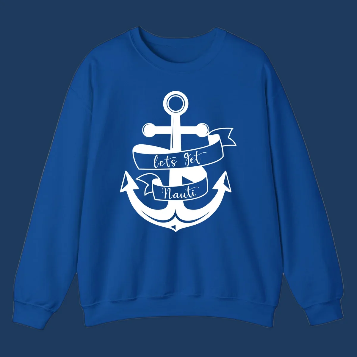 White anchor with banner ribbons reading 'lets get Nauti' - nautical cruise design
