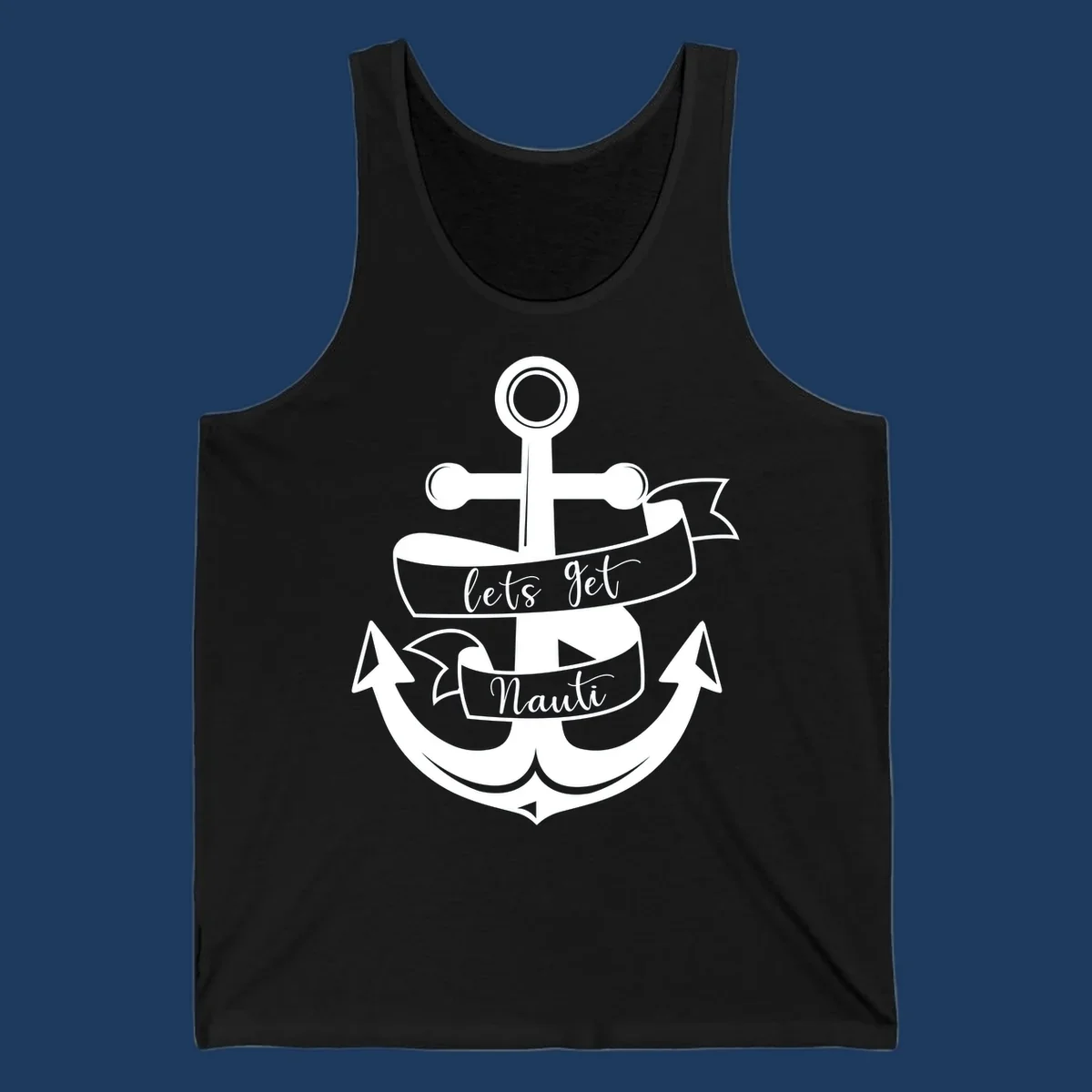 White anchor with banner ribbons reading 'lets get Nauti' - nautical cruise design