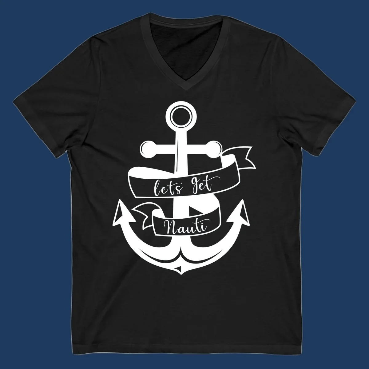 White anchor with banner ribbons reading 'lets get Nauti' - nautical cruise design