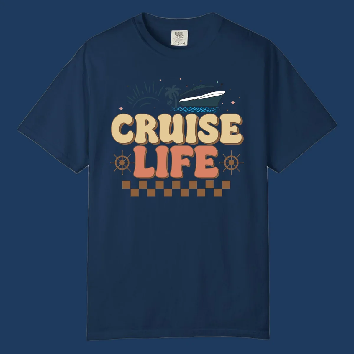 Retro-style cruise life design with ship, sun, palm trees, and ocean waves on gray background