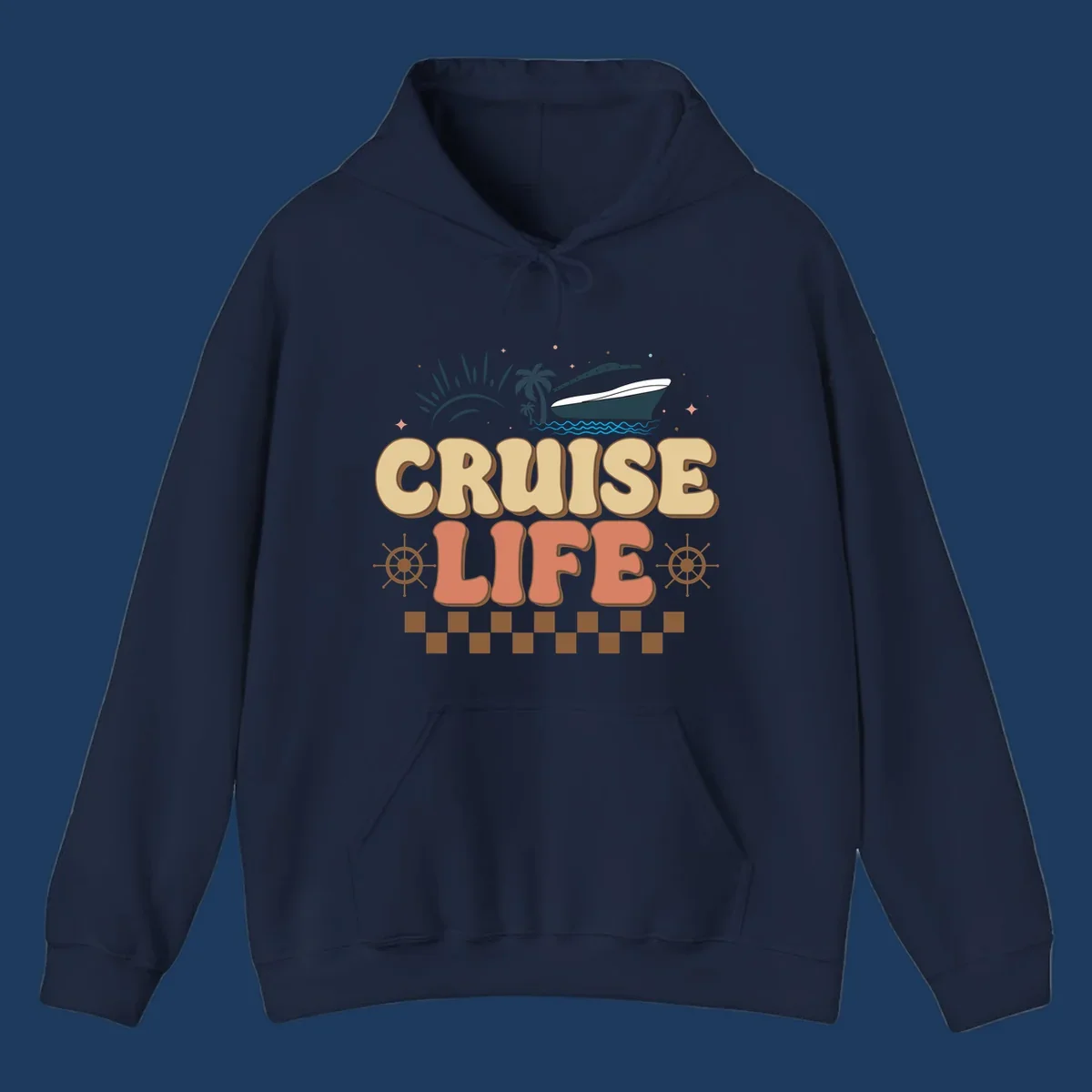 Retro-style cruise life design with ship, sun, palm trees, and ocean waves on gray background