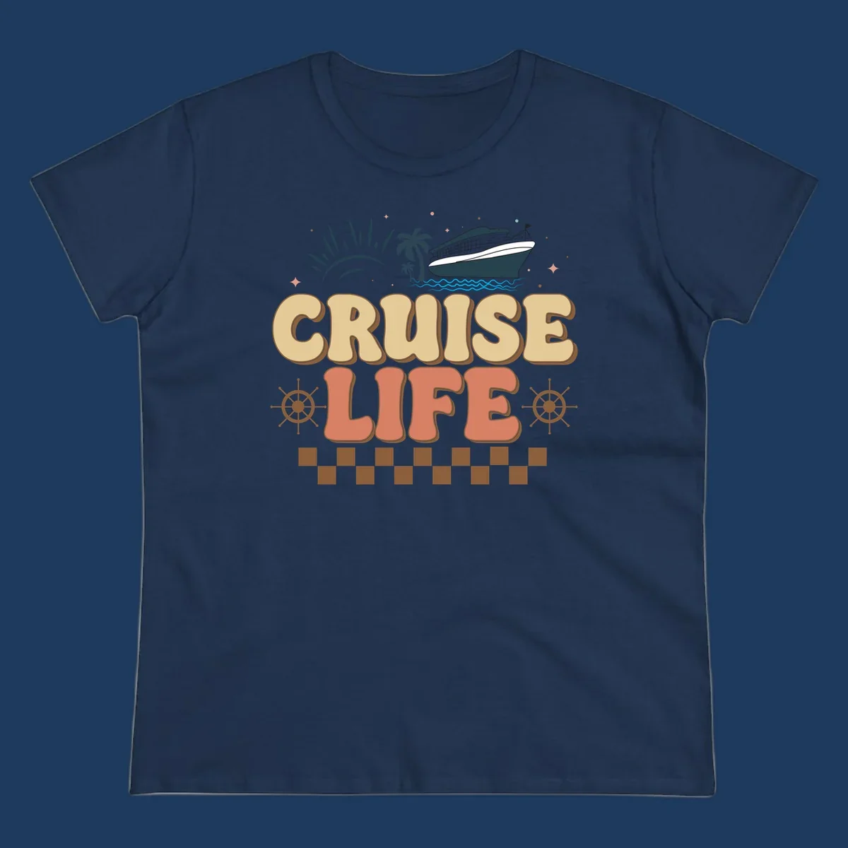 Retro-style cruise life design with ship, sun, palm trees, and ocean waves on gray background
