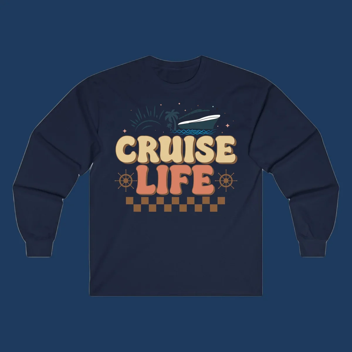 Retro-style cruise life design with ship, sun, palm trees, and ocean waves on gray background