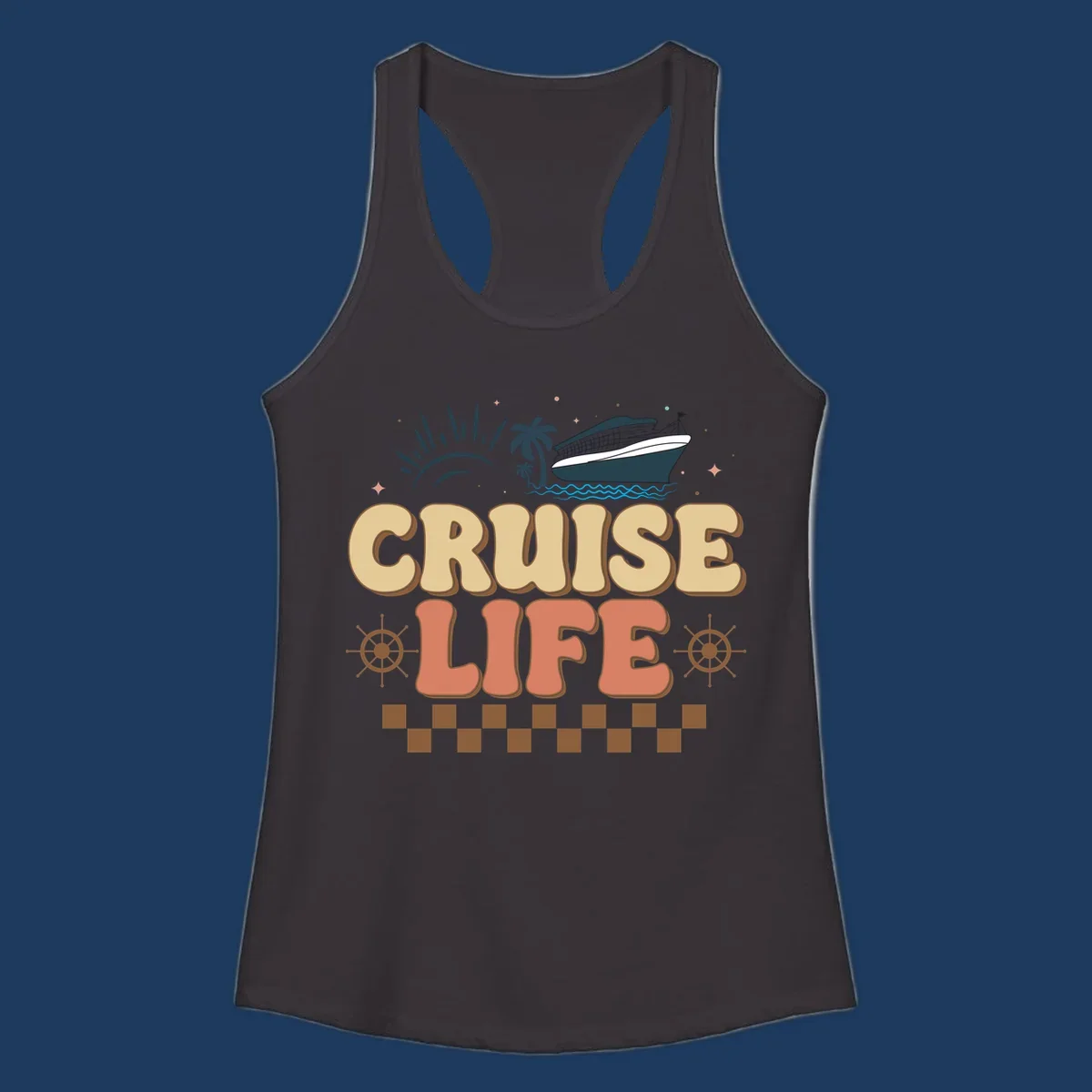 Retro-style cruise life design with ship, sun, palm trees, and ocean waves on gray background