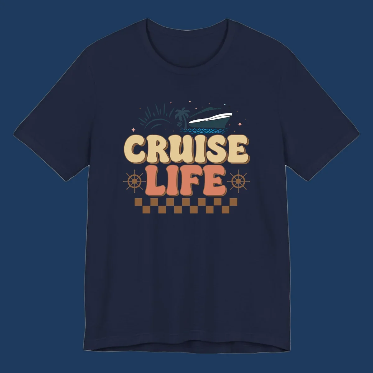 Retro-style cruise life design with ship, sun, palm trees, and ocean waves on gray background