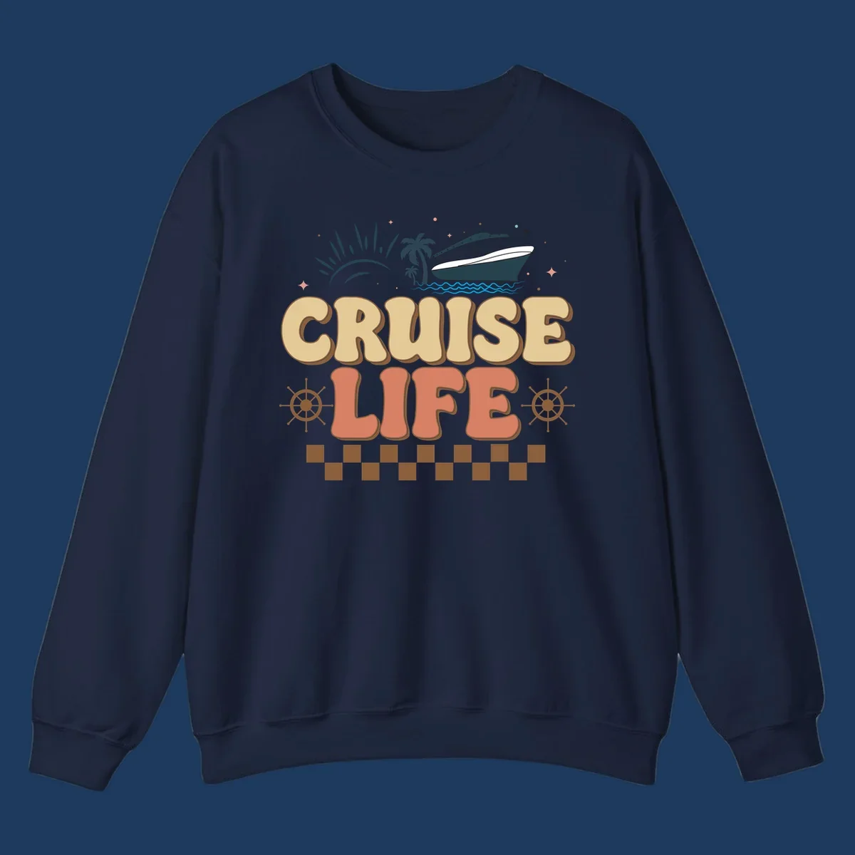 Retro-style cruise life design with ship, sun, palm trees, and ocean waves on gray background