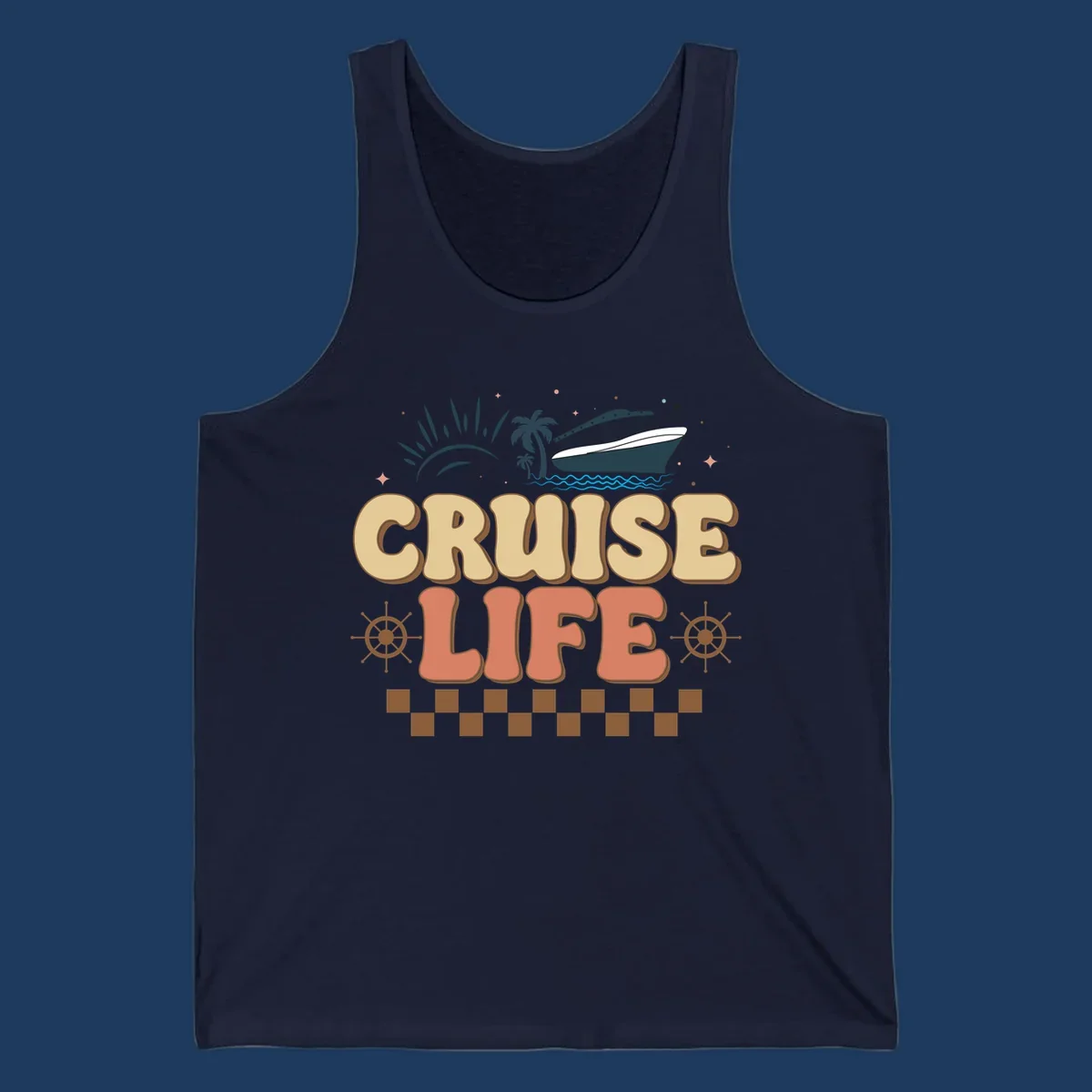 Retro-style cruise life design with ship, sun, palm trees, and ocean waves on gray background