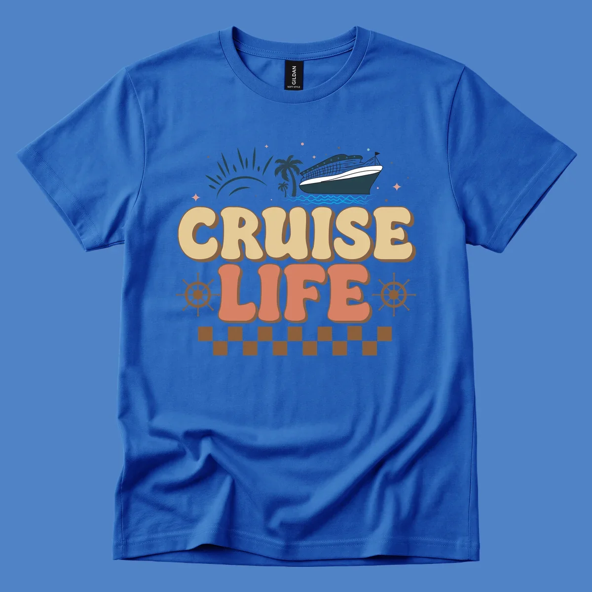 Retro-style cruise life design with ship, sun, palm trees, and ocean waves on gray background