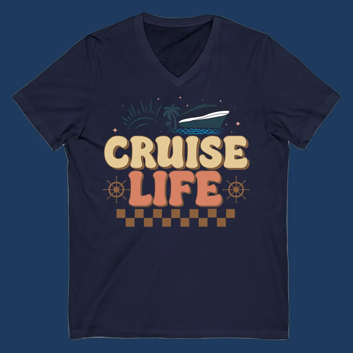 Retro-style cruise life design with ship, sun, palm trees, and ocean waves on gray background