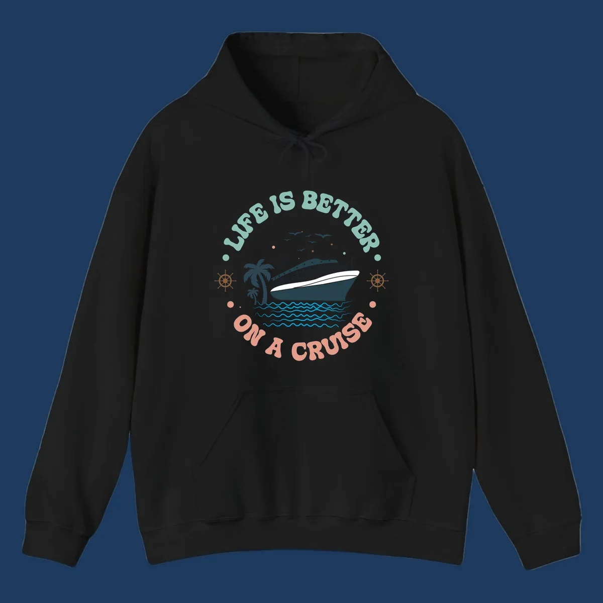 Illustrated cruise ship with palm trees and ocean waves, text reading 'Life Is Better On A Cruise' in teal and coral lettering