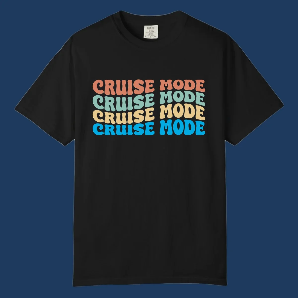 Cruise mode repeat design with colorful stacked text in coral, mint, yellow, and blue on gray background