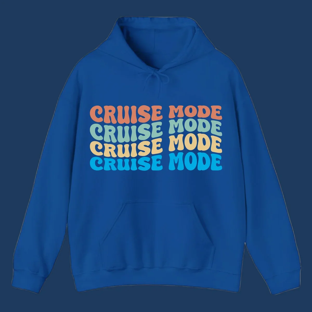Cruise mode repeat design with colorful stacked text in coral, mint, yellow, and blue on gray background