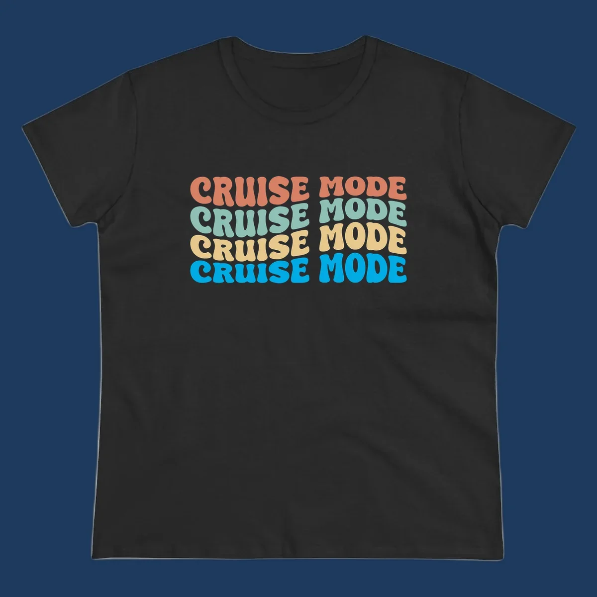 Cruise mode repeat design with colorful stacked text in coral, mint, yellow, and blue on gray background