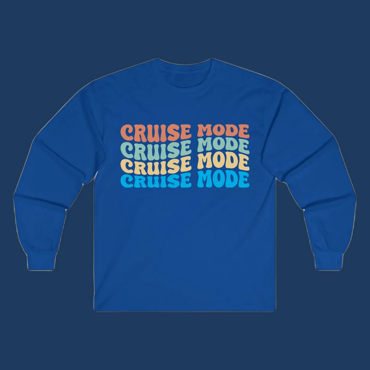 Cruise mode repeat design with colorful stacked text in coral, mint, yellow, and blue on gray background