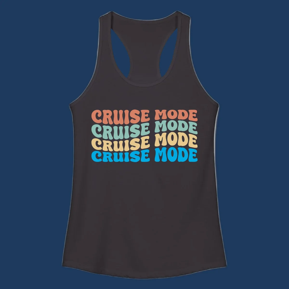Cruise mode repeat design with colorful stacked text in coral, mint, yellow, and blue on gray background