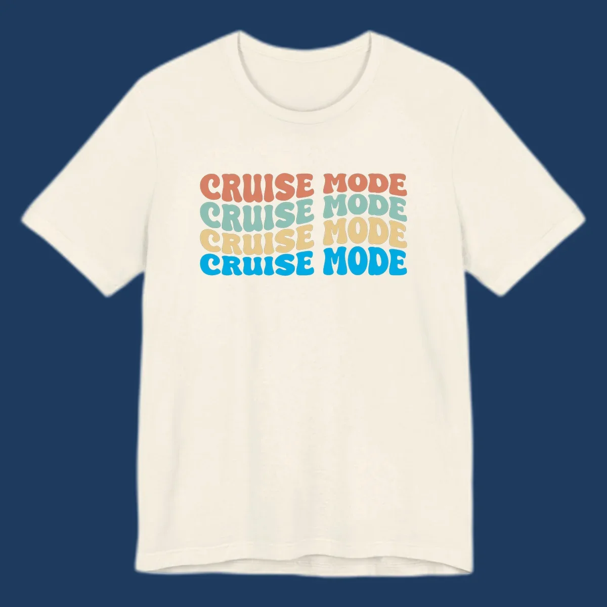 Cruise mode repeat design with colorful stacked text in coral, mint, yellow, and blue on gray background