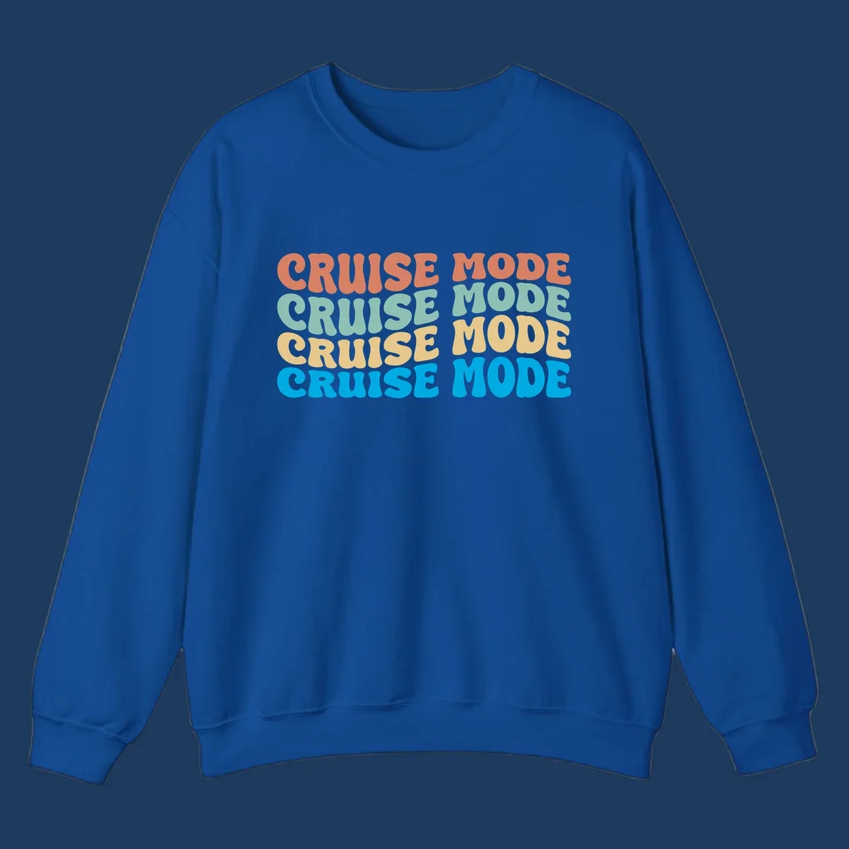 Cruise mode repeat design with colorful stacked text in coral, mint, yellow, and blue on gray background