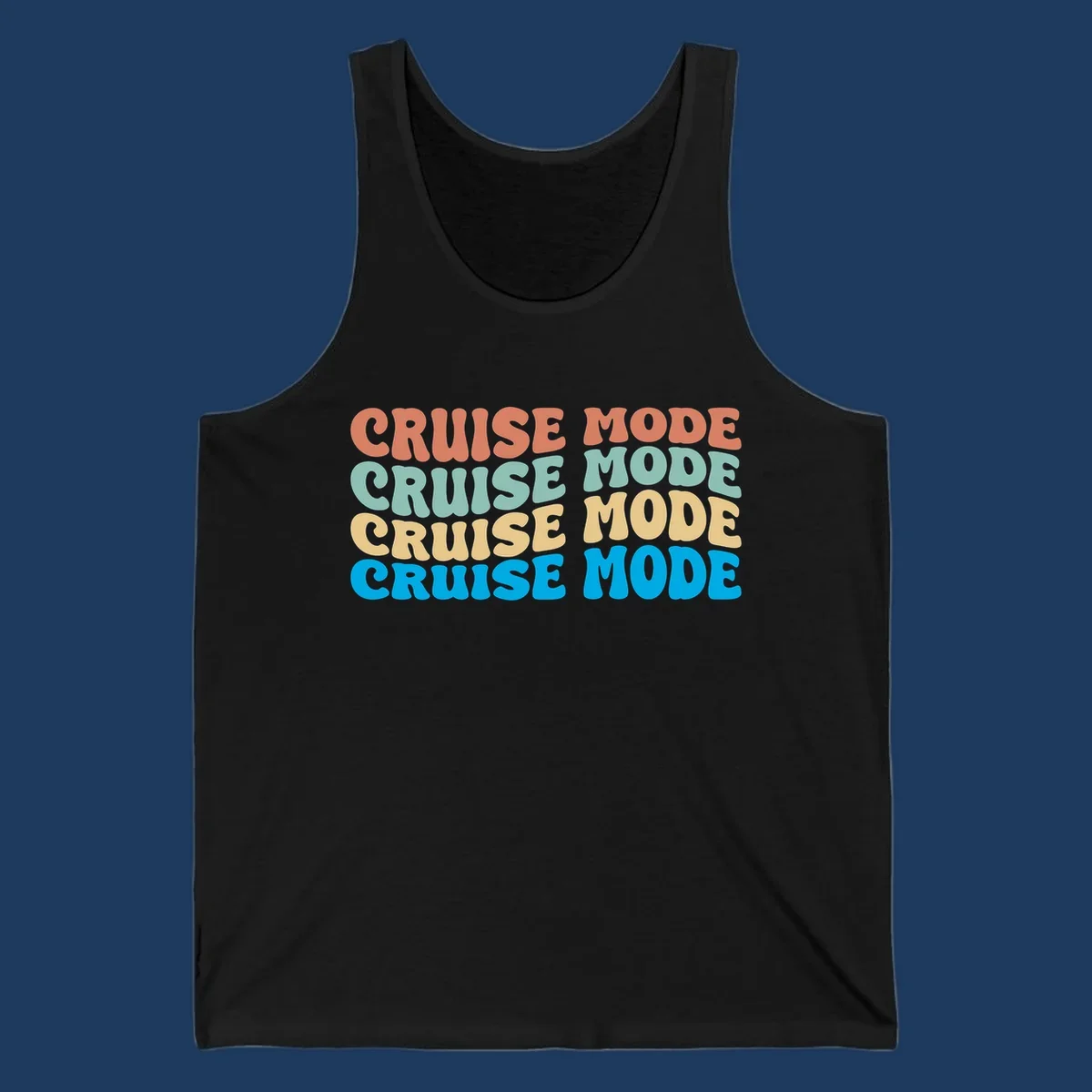 Cruise mode repeat design with colorful stacked text in coral, mint, yellow, and blue on gray background