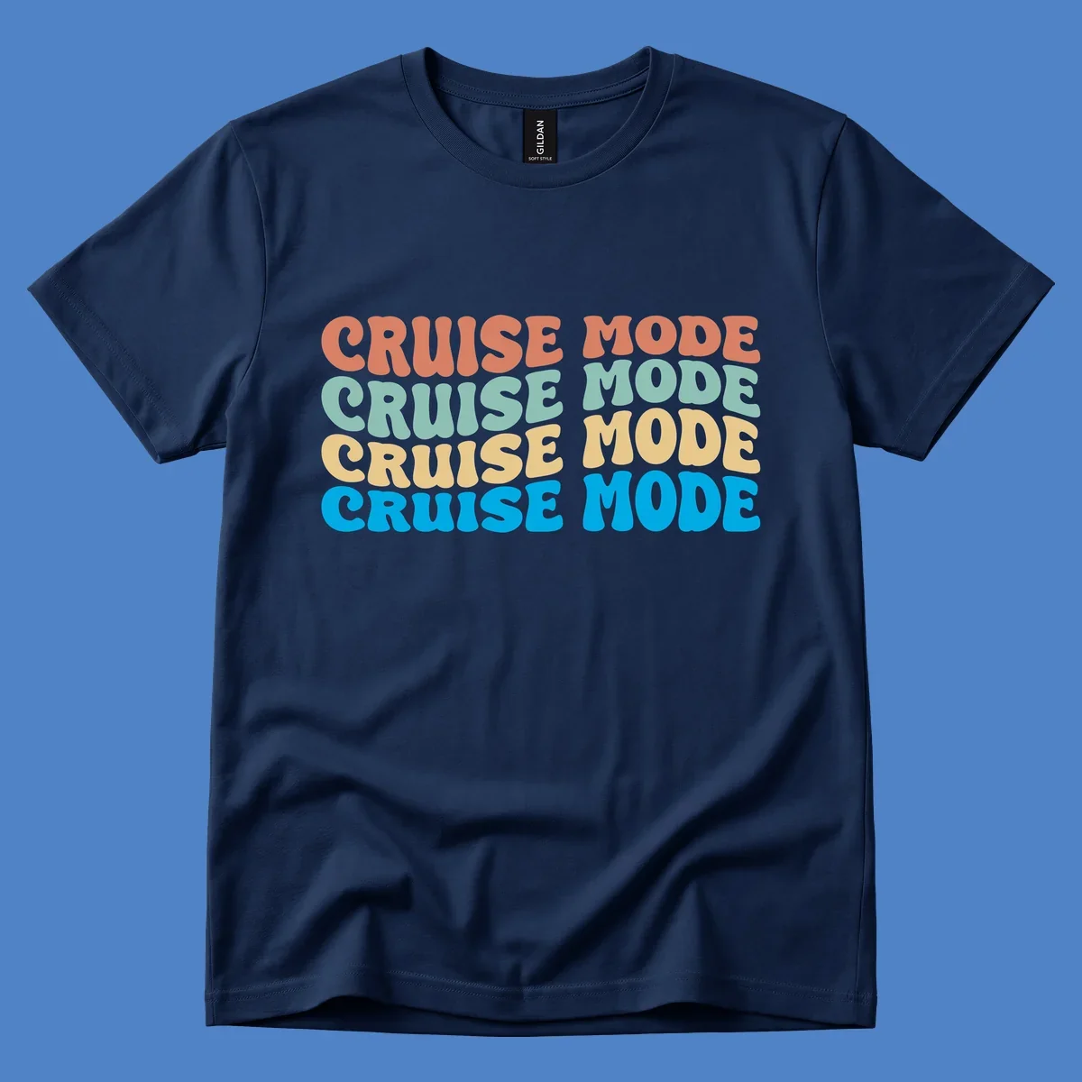 Cruise mode repeat design with colorful stacked text in coral, mint, yellow, and blue on gray background