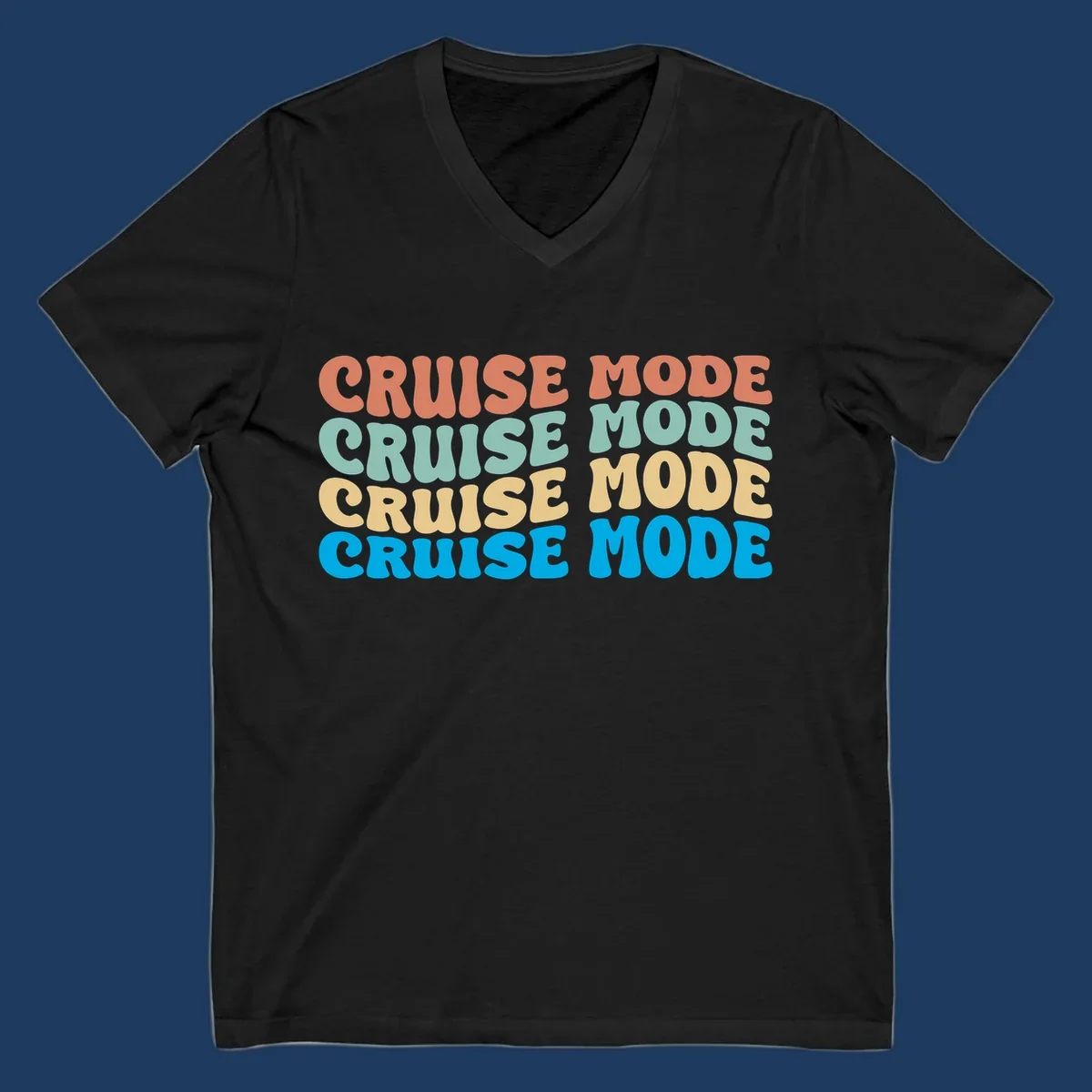 Cruise mode repeat design with colorful stacked text in coral, mint, yellow, and blue on gray background