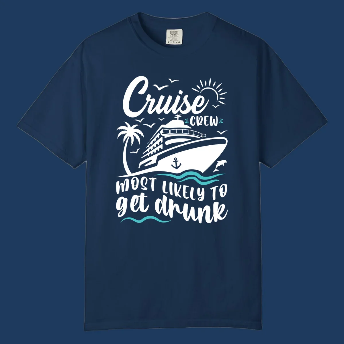 Cruise crew most likely design with ship, palm tree, sun, and ocean waves on gray background with white and teal text