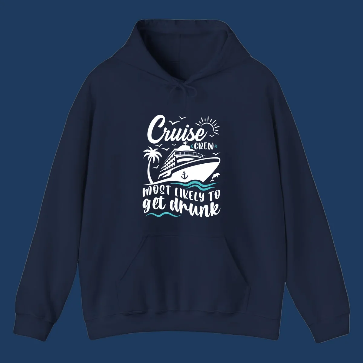 Cruise crew most likely design with ship, palm tree, sun, and ocean waves on gray background with white and teal text