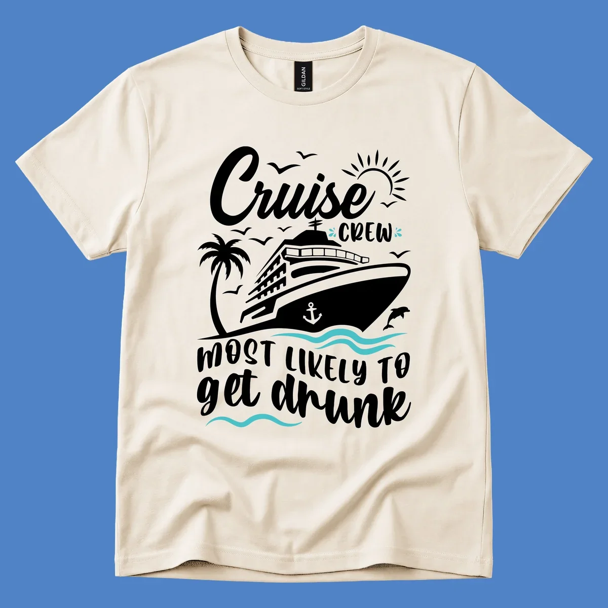 Cruise crew most likely design with ship, palm tree, sun, and ocean waves on gray background with white and teal text