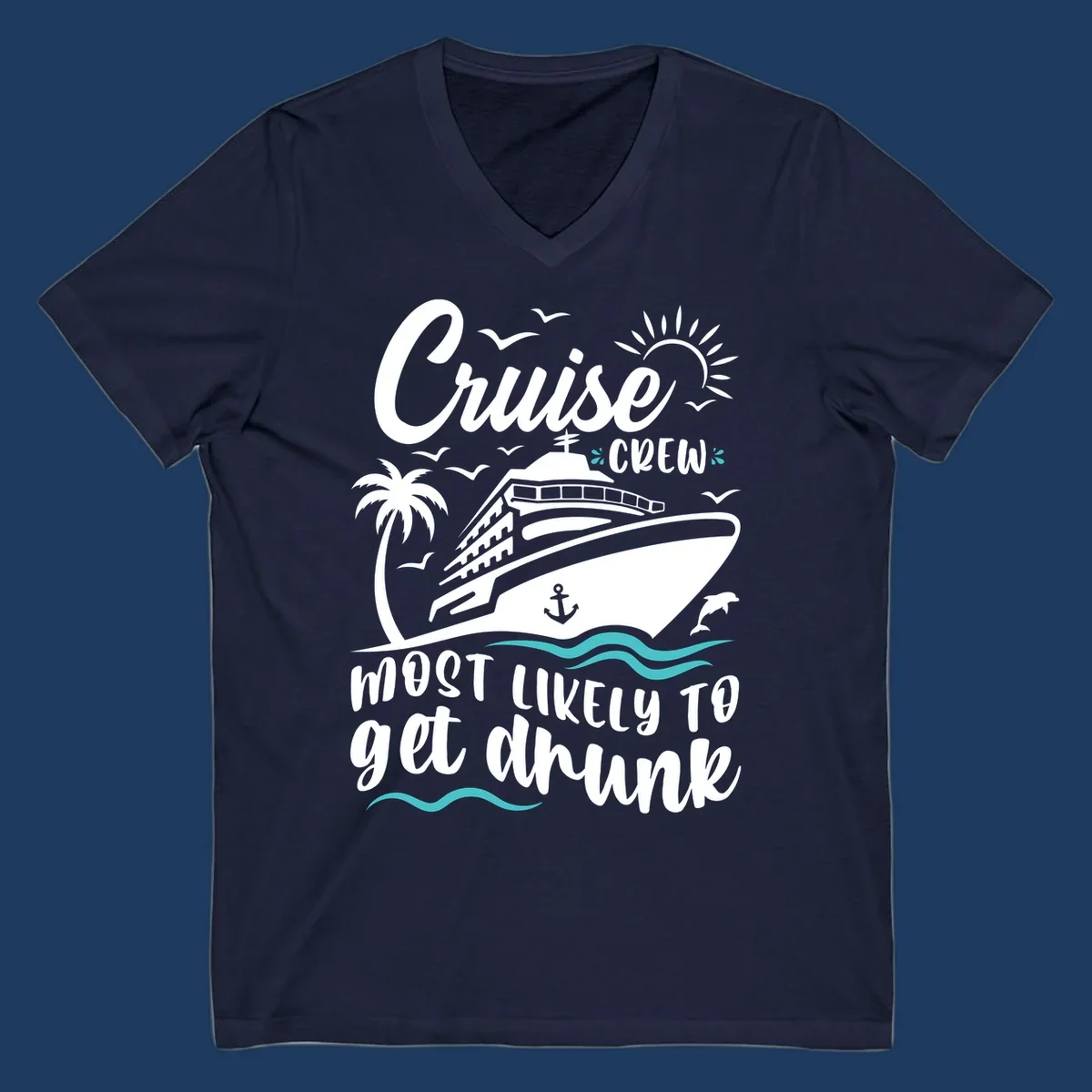 Cruise crew most likely design with ship, palm tree, sun, and ocean waves on gray background with white and teal text