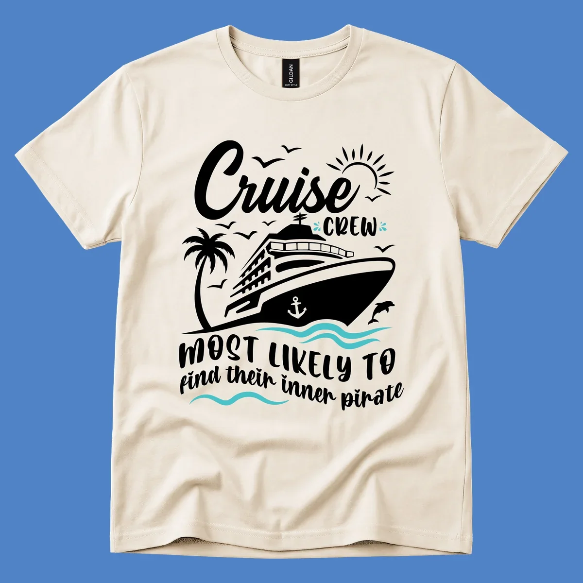 Cruise crew inner pirate design with ship, ocean waves, palm tree, and playful nautical text on gray background