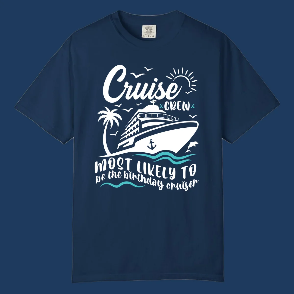 Cruise crew birthday superlative design with illustrated ship, palm trees, seagulls, and ocean waves on gray background