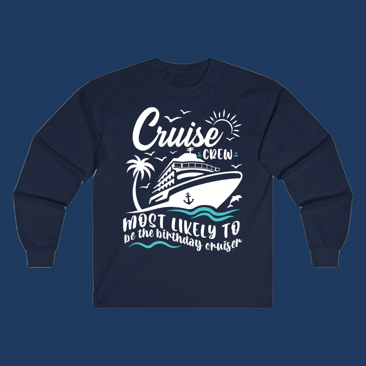 Cruise crew birthday superlative design with illustrated ship, palm trees, seagulls, and ocean waves on gray background